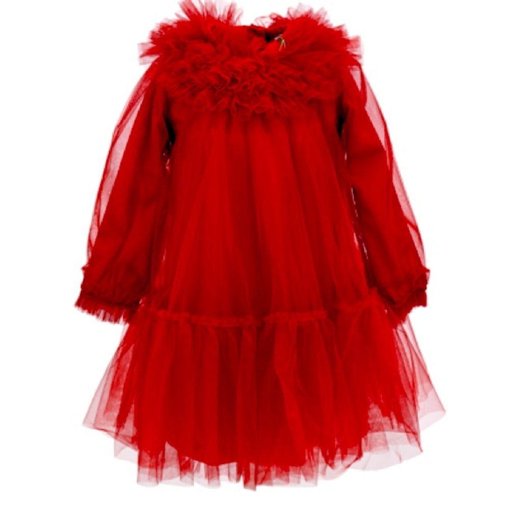 Monnalisa Silk-touch Tulle Dress With Trim In Ruby Red